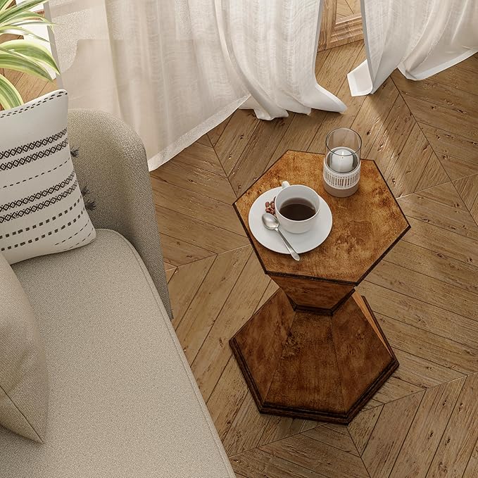 COZAYH Farmhouse Hexagonal Accent Table, Rustic Hourglass Design Side Table with Sculptural Geometric Base for Living Room or Bedroom, Natural Wood-Tone Finish, Brown