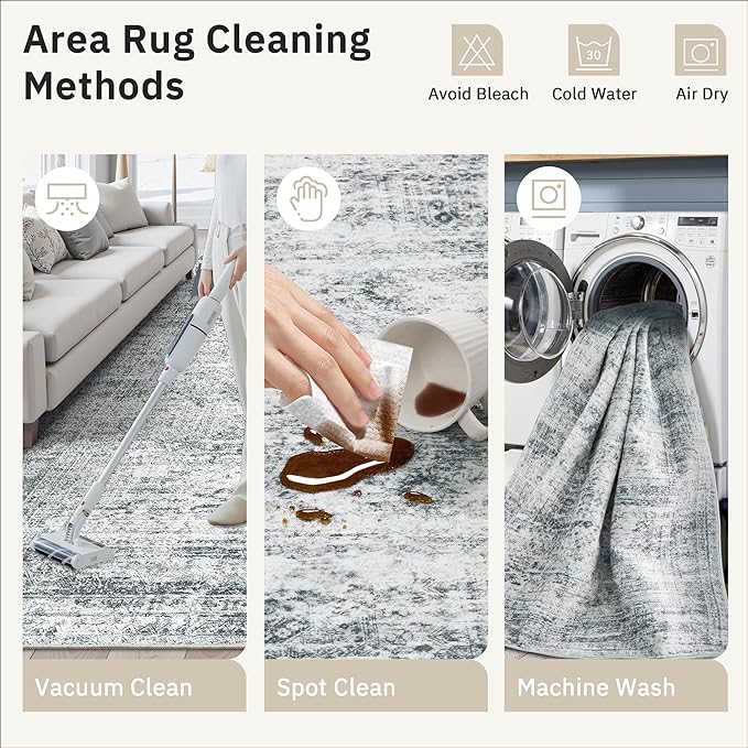 Washable Area Rug 8x10, Large Soft Rugs for Living Room Farmhouse Vintage Gray Area Rugs for Bedroom Dining Room Non-Slip Stain Resistant Under Table Rug Grey
