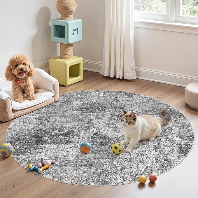 5ft Round Area Rug Living Room Rugs - 5x5 Washable Large Soft Indoor Neutral Modern Abstract Low Pile Rug Carpet for Bedroom Dining Room Farmhouse Home Office - Grey