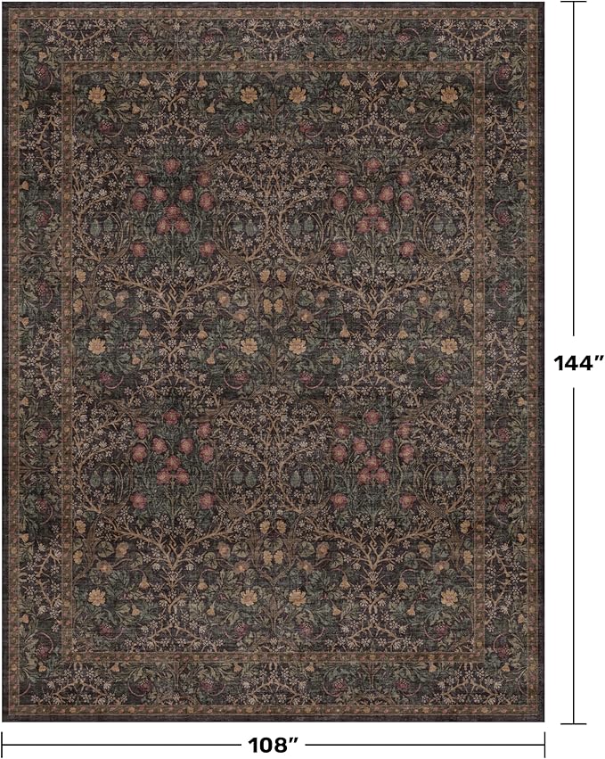 Washable Area Rugs 9x12 Living Room - Dark Brown Large Rug for Dining Room Under Table, Bedroom, Soft Low Pile Non-Slip Stain Resistant Carpet - Vintage Floral Plant Design