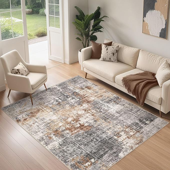 Area Rug Living Room Rugs - 4x6 Abstract Small Soft Indoor Washable Rug Neutral Modern Low Pile Carpet for Bedroom Dining Room Farmhouse Home Office - Grey Brown