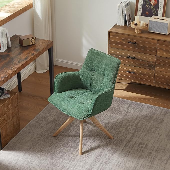 Art Leon Desk Chair Without Wheels - Mid Century Modern Swivel Office Chair, Fabric Upholstered Accent Chair with Oak Wood Legs for Small Space Living Room Bedroom, Set of 2, Green