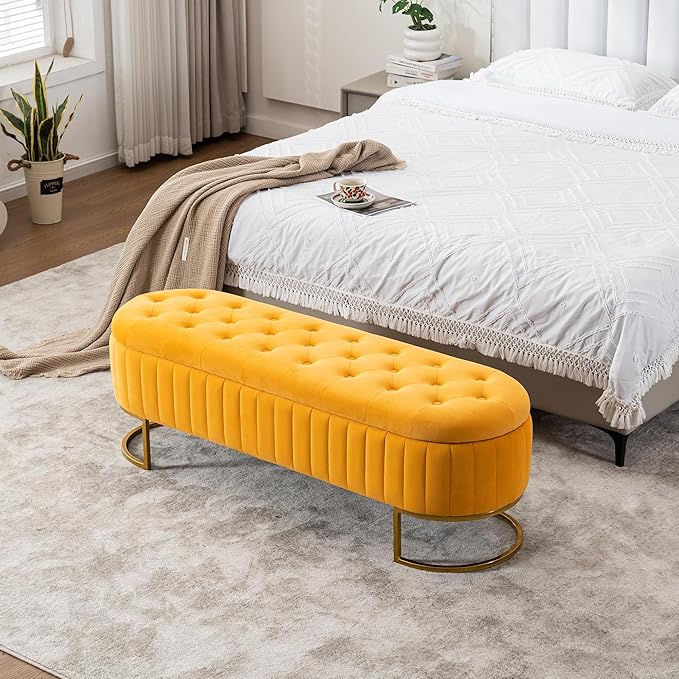 Velvet Storage Bench for Bedroom, Modern Tufted End of Bed Bench for King Size Bed, Upholstered Long Ottoman Bench with Gold Legs for Living Room/Entryway (Mustard Yellow, 55" W)