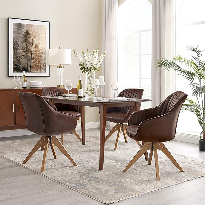 Zouron Mid Century Modern Accent Chair with Wooden Legs, Upholstered Swivel Chair No Wheels, Side Accent Armchair Vanity Chair for Small Space Home Office Living Room Bedroom, Mocha