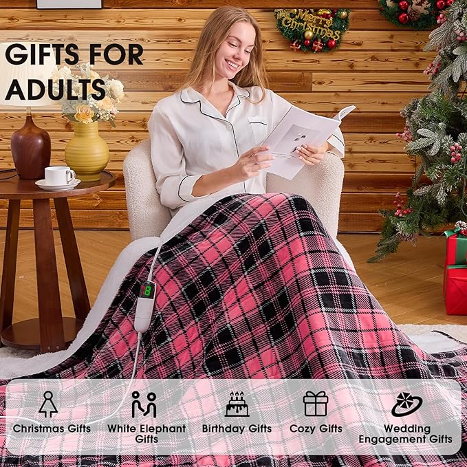 Pink Heated Blanket Electric, Queen Size 84X90, 10 Heat Levels/8 Hours Auto Off/Dual Control for Bed, Blue Plaid Checkered Sherpa Blanket Warmer for Adult, Washable Gift