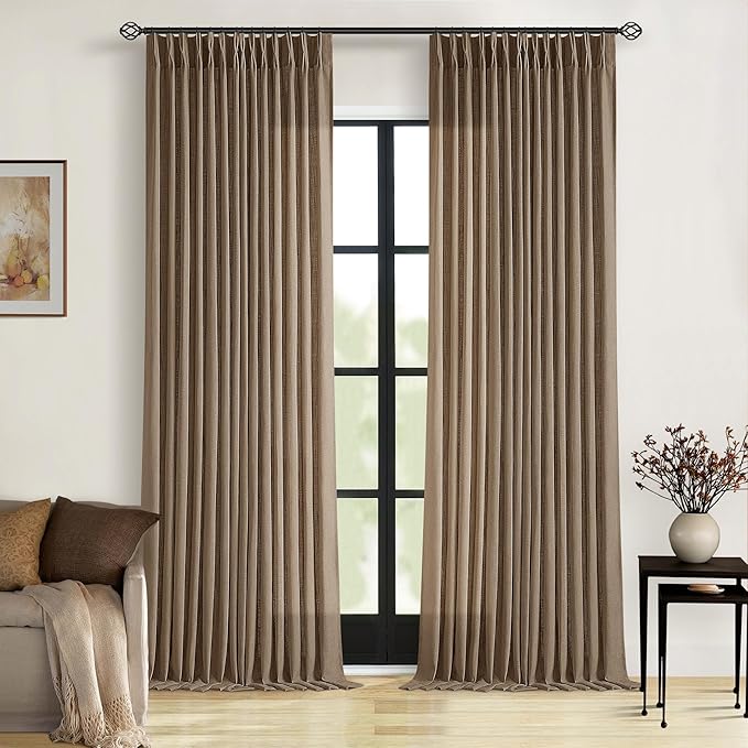 Dutch Cocoa 90 Inch Linen Curtains Pinch Pleated for Living Room Bedroom Dining Boho Brown Light Filtering Pinch Pleat Drapes Hooks Rings Back Tab Semi Sheer Dark Brown Window Curtains 2 Panels