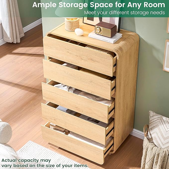 5 Drawer Dresser, Modern Dresser with Storage, Chest Drawers with Wood Grain Texture, Drawers Organizer for Bedroom, Living Room, Hallway, Natural.