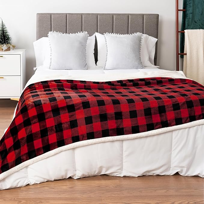 PAVILIA Buffalo Check Sherpa Blanket Throw Queen,Red Black Checkered Flannel Fleece Blanket,Christmas Plaid Warm Plush Microfiber Blanket for Couch Sofa,90x90 Inches