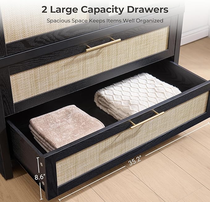 SICOTAS Rattan Armoire Wardrobe Closet Cabinet, 71" Wardrobe Storage Cabinet with Doors, 2 Drawers and Hanging Rod, Boho Large-Capacity Deep Armoire Clothes Organizer for Bedroom, Black Oak