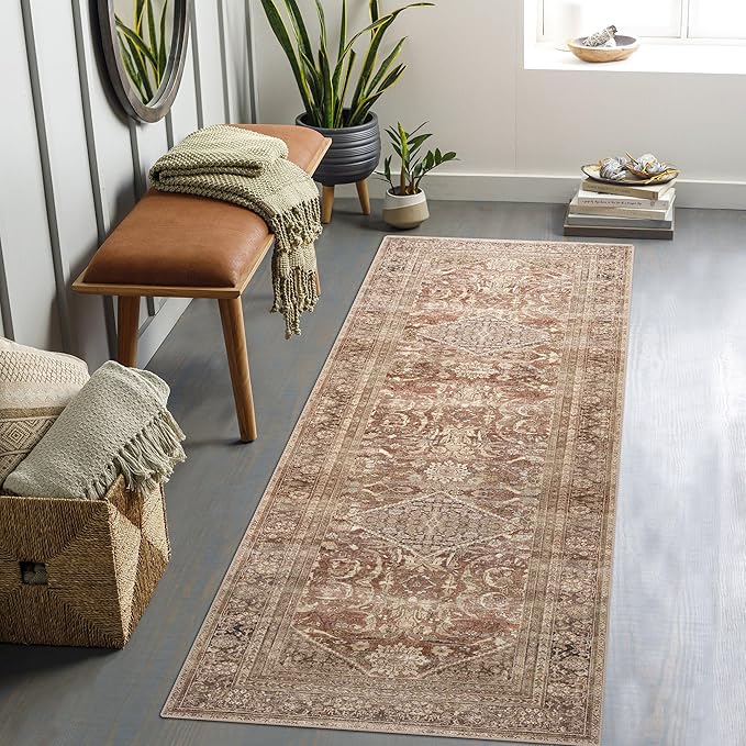 vivorug Runner Rug 2'x7' Vintage Washable Non-Slip Runners for Hallways Kitchen Entryway Laundry Room Carpet Hallway Runner Earth Tone