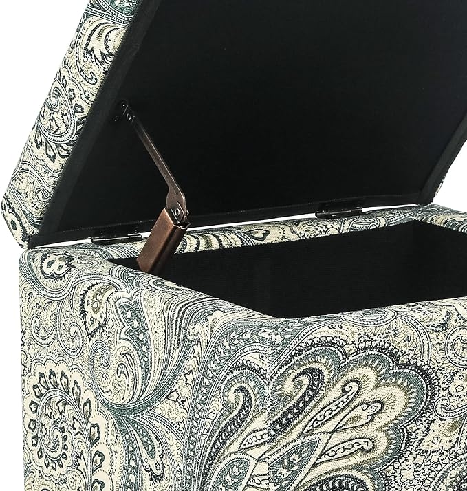 Adeco 18 Inch High Cube Ottoman Storage, Paisley Linen Chair Foot Stools, Upholstered Vanity Stool with Hinged Lid, Solid Wood Legs