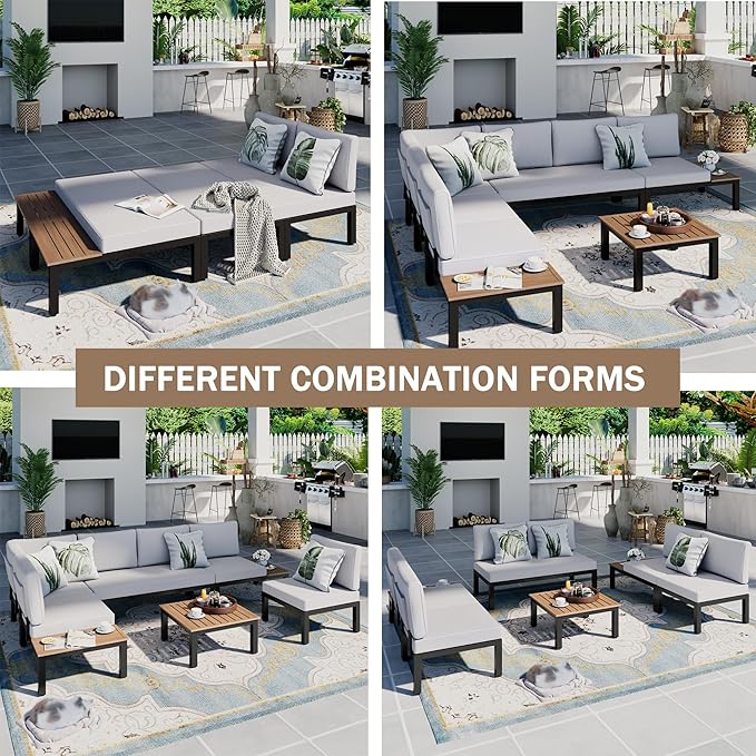 Sophia & William 6 Pieces Patio Furniture Set, Outdoor Metal Sectional Sofa, Patio Conversation Set-2 x Single Sofa with Side Table,1 x Loveseat,2 x Single Couch,1 x Tea Table(Beige Grey)