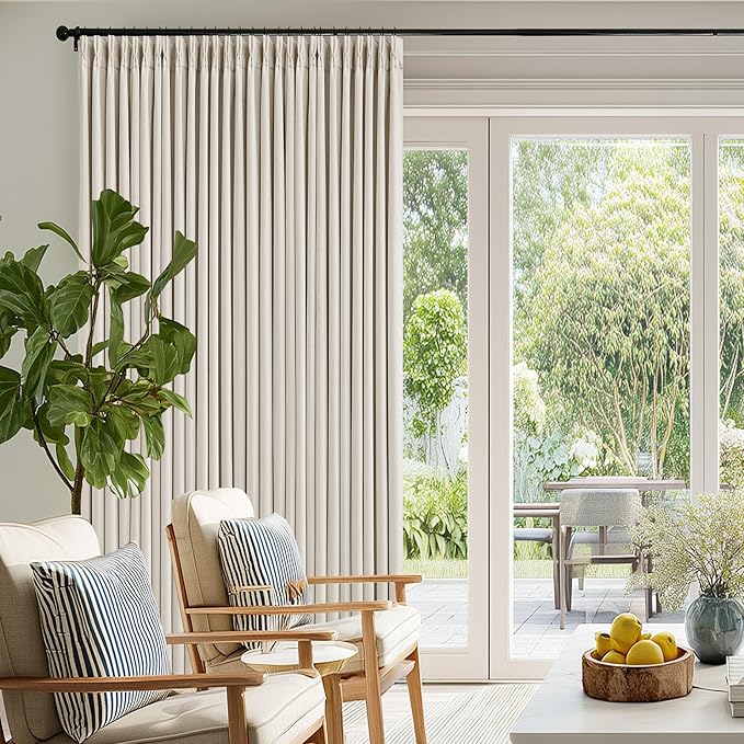 70 Inch Extra Wide Blackout Curtain 96 Inches Long for Living Room Pinch Pleated Natural Linen Cream Beige Thermal Drapes Back Tab Room Darkening 100% Blackout for Bedroom Large Window 70x96 1 Panel