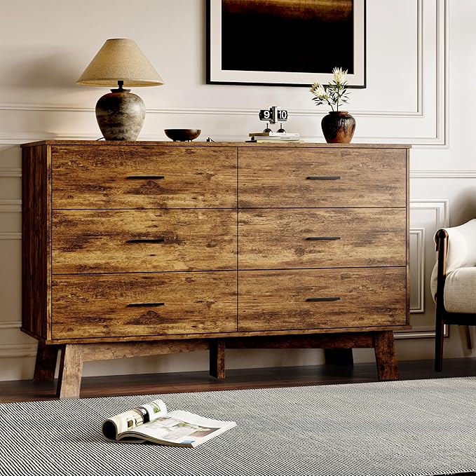 Dresser for Bedroom with 6-Drawer, 47.3" Modern Chest of Drawers with Metal Handles, X-Shape Base & Adjustable Center Leg, Anti-Tip Closet Organizers and Storage