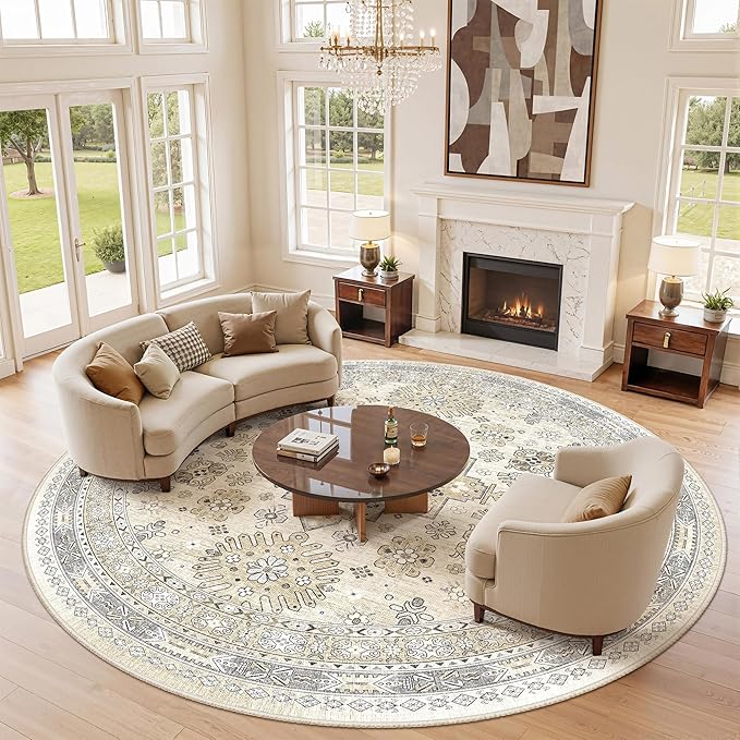 zesthome 9ft Round Rugs for Living Room, Non-Slip Washable Round Area Rugs, Ultra-Thin Large Circle Rugs, Soft Low Pile Rug for Bedroom, Kitchen - Vintage Stain Resistant Round Rug (Beige,9'x9')