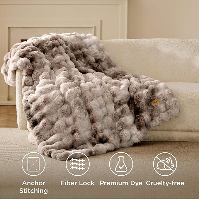 Bedsure GentleSoft Fluffy Faux Fur Blanket Twin Size, Fuzzy Soft Bubble Blanket for Couch, Faux Fur Decor for Bedroom Living Room, Thick Furry Cozy Gifts for Women, Tie-dye Brown, 60x80 Inch