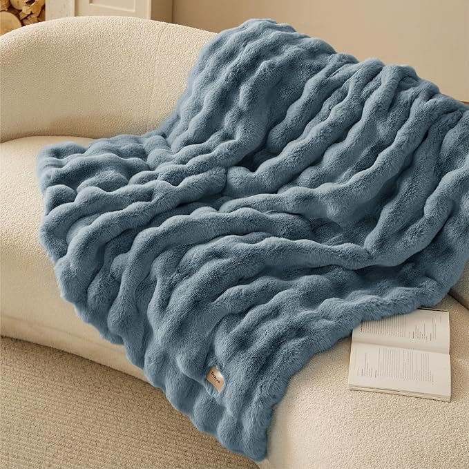 Bedsure GentleSoft Fluffy Faux Fur Blanket Twin Size, Fuzzy Soft Bubble Blanket for Couch, Home Decor Gifts for Bedroom Living Room, Thick Furry Cozy Gifts for Women, Greyish Blue, 60x80 Inch