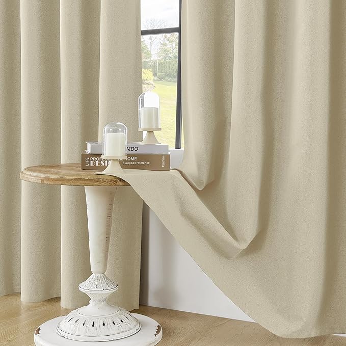 ChrisDowa 100% Blackout Linen Curtains, 2 Panels Set Thermal Insulated Room Darkening Curtains for Living Room, Privacy Grommet Window Drapes for Bedroom (Greyish Beige, 52 x 120 Inch)