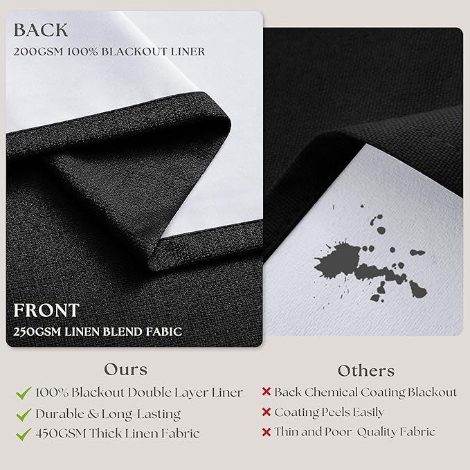 Black Blackout Pinch Pleated Linen Curtains 105 Inches Long for Living Room 2 Panels Thermal Insulted Dual Layer Drapes Ceiling Floor Back Tab 105 Inch Window Curtains Bedroom Sliding Glass Door