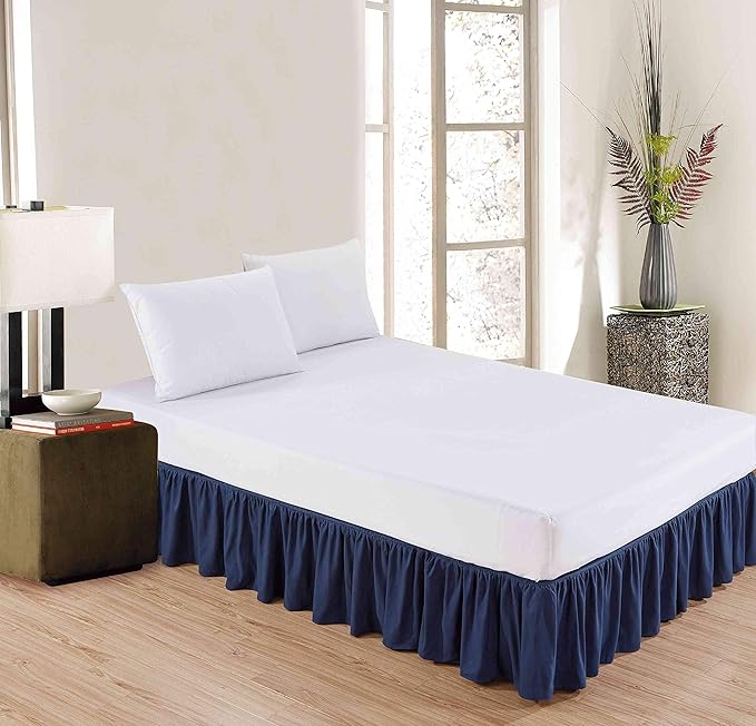 Sheets & Beyond Wrap Around Solid Microfiber Luxury Hotel Quality Fabric Bedroom Gathered Ruffled Bedding Bed Skirt 14 Inch Drop (Full, Navy)