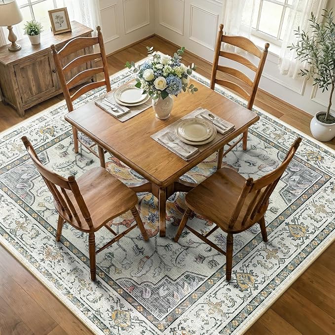 Area Rugs Square 7ft Washable Non-Slip, Floral Vintage Distress Print Pattern Medallion Carpet for Living Room Bedroom Dining Room, Light Yellow Carbon Grey Orange