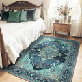 Area Rugs 4'x5' Washable Non-Slip, Floral Vintage Distress Print Pattern Medallion Carpet for Living Room Bedroom Dining Room, Teal Green Lake Blue Turquoise