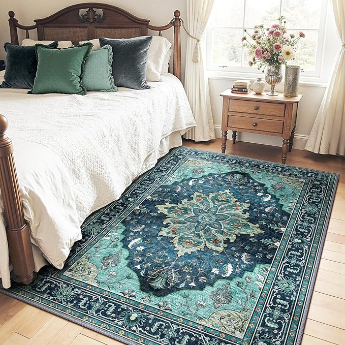 Area Rugs 4'x5' Washable Non-Slip, Floral Vintage Distress Print Pattern Medallion Carpet for Living Room Bedroom Dining Room, Teal Green Lake Blue Turquoise