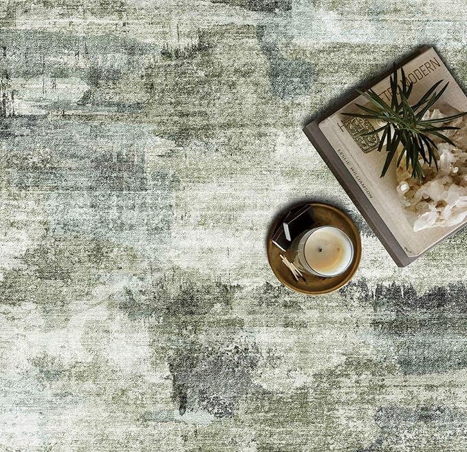 5x7 Area Rugs - Ultra-Thin Washable Rug with Non-Slip Backing, Ideal for Living Room, Bedroom, Kitchen Floor Carpet - Modern Abstract Style, Easy Clean, Durable, Low Pile Green