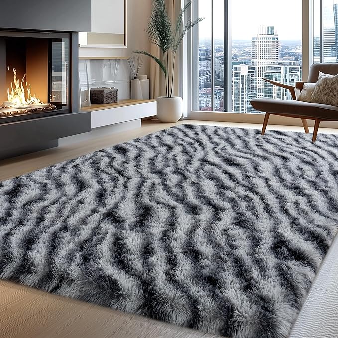 Fluffy Rugs for Living Room, 6x9 Ft Zebra Black and White Area Rug, Soft Large Shag Rugs for Bedroom Dorm Kids Room Nursery, Non-Slip Modern Fuzzy Plush Carpet for Indoor Home Decor