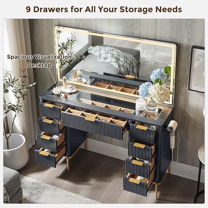 T4TREAM 48" Fluted Makeup Vanity Desk with 48" Large Mirror and HD LED Lights, Modern Vanity Table with Charging Station, Glass Top and Golden Handles Dressing Table for Bedroom,Dark Grey
