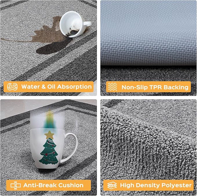 Kitchen Rugs 24" x 70", Non-Slip Machine Washable Kitchen Runner Rugs Floor Mats, Absorbent Comfort Standing Mats for Kitchen, Sink, Laundry and Hallway, Rolled Packaging, Light Grey & Dark Grey