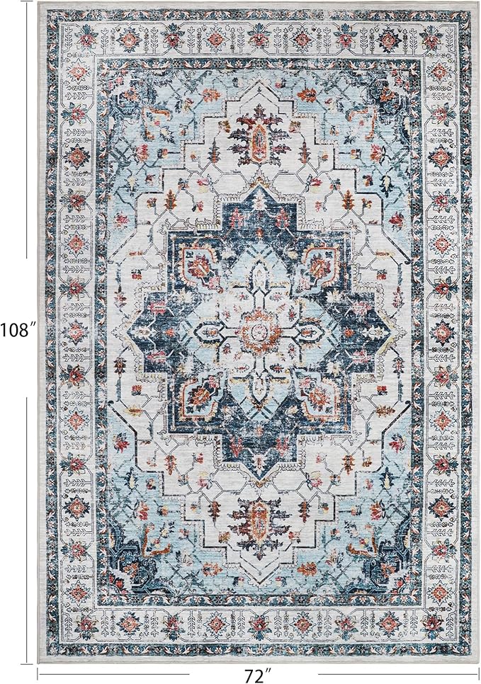 zesthome 6x9 Area Rugs, Machine Washable Rugs for Living Room, Bedroom,Stain Resistant Vintage Large Area Rug,Non-Slip Medallion Pattern Home Decor Rugs (Blue,6'x9')