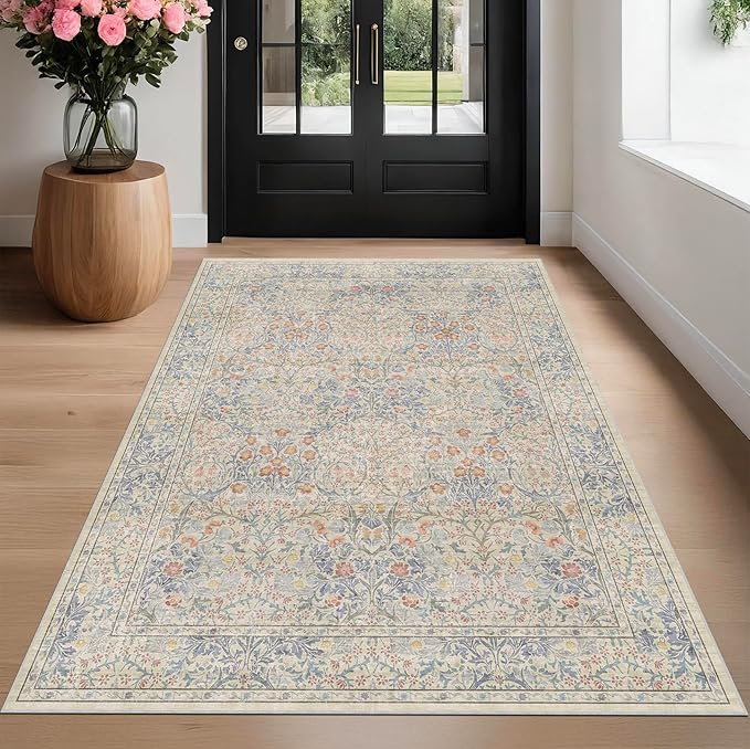Vintage Washable Beige Blue Area Rugs for Bedroom Under Bed, Living Room, Nursery, Kitchen, Entryway, Low Pile Non Slip Stain Resistance Distressed Retro Indoor (Beige Blue, 4 x 6)
