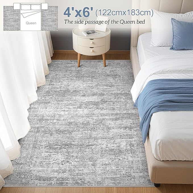 Area Rug Living Room Rugs - 4x6 Large Soft Indoor Neutral Modern Abstract Low Pile Washable Rug Carpet for Bedroom Dining Room Farmhouse Home Office - Vintage Grey