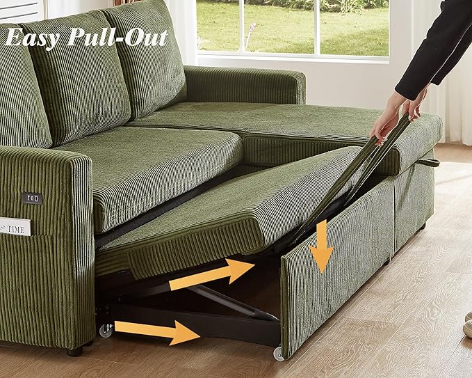 Vipbear 80" Sectional Sleeper Sofa Bed with Pull Out Bed, L Shaped Couch Pull Out Couch with Reclining Backrest, Reversible Storage Chaise, USB Ports, Tool-Free Assembly, Corduroy Olive Green