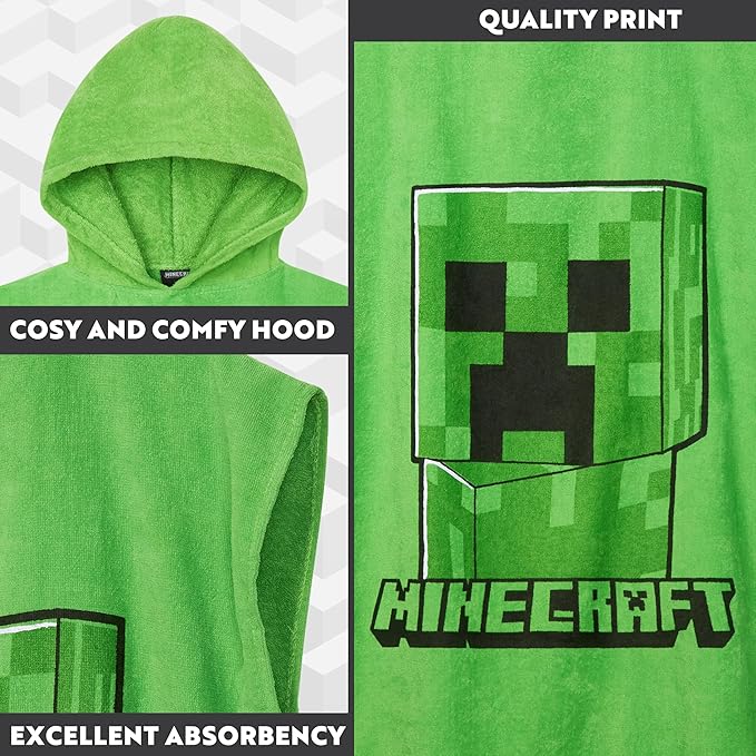 Minecraft Towelling Poncho Kids Teens Hooded Bath Towels Absorbent Beach Towel (Green, 10-13 Years)