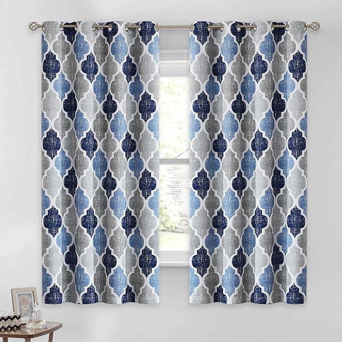 Beauoop 100% Blackout Curtains 45 Inches Long 2 Panels for Bedroom Living Room Blue Grey Moroccan Geo Room Darkening Thermal Insulated Soundproof Grommet Top Window Treatments Drapes, 50x45 Set of 2