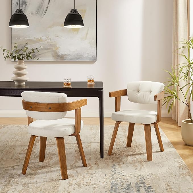 Art Leon Office Chair No Wheels - Mid Century Modern Desk Chair, Fabric Upholstered Accent Arm Chair with Wood Legs for Small Spaces Home Office Living Room Bedroom Study, Off White/Walnut