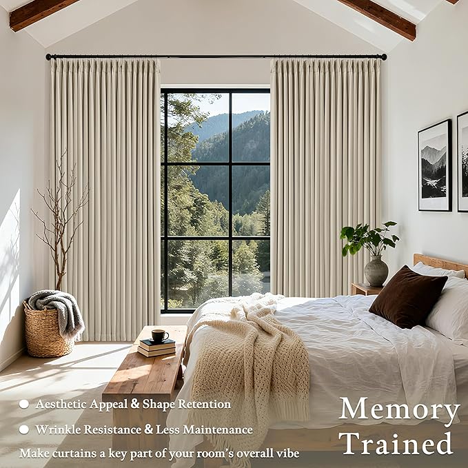 Pinch Pleated Blackout 90 Inch Curtains 70 Inch Wide Linen Dual Layer Soundproof Farmhouse Bedroom Window Curtains for Living Room Sliding Door with Hooks Rings Back Tab 100% Black Out Drapes 1 Panel