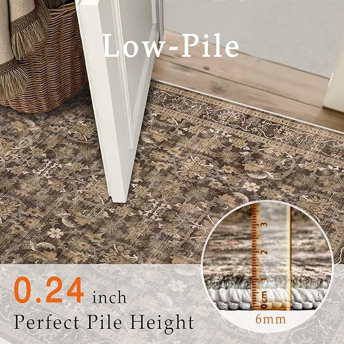 5x7 Area Rugs - Ultra-Thin Washable Rug with Non-Slip Backing, Ideal for Living Room, Bedroom, Dining Room Indoor - Vintage Floral, Easy Clean, Durable, Low Pile Rug Black