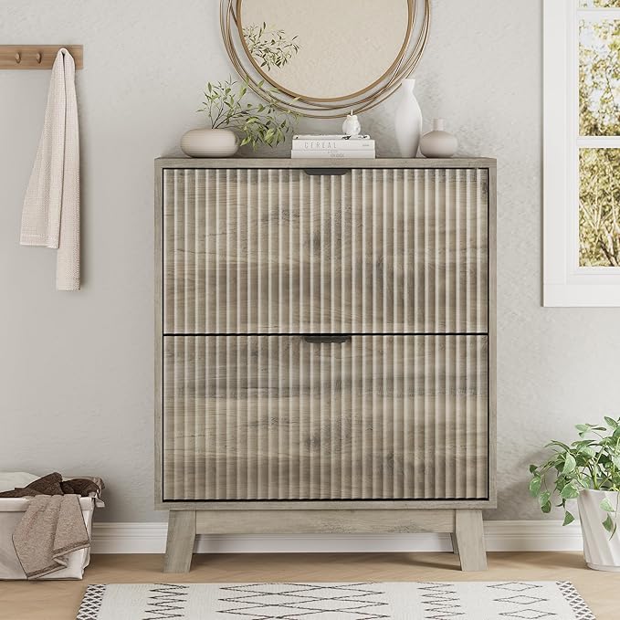 Shoe Cabinet with 2 Flip Drawers, 37" Tall Narrow Fluted Shoe Storage Organizer for Entryway, Hidden Slim Wooden Shoe Rack Cabinet for Front Door Entrance, Hallway, Living Room, Light Grey