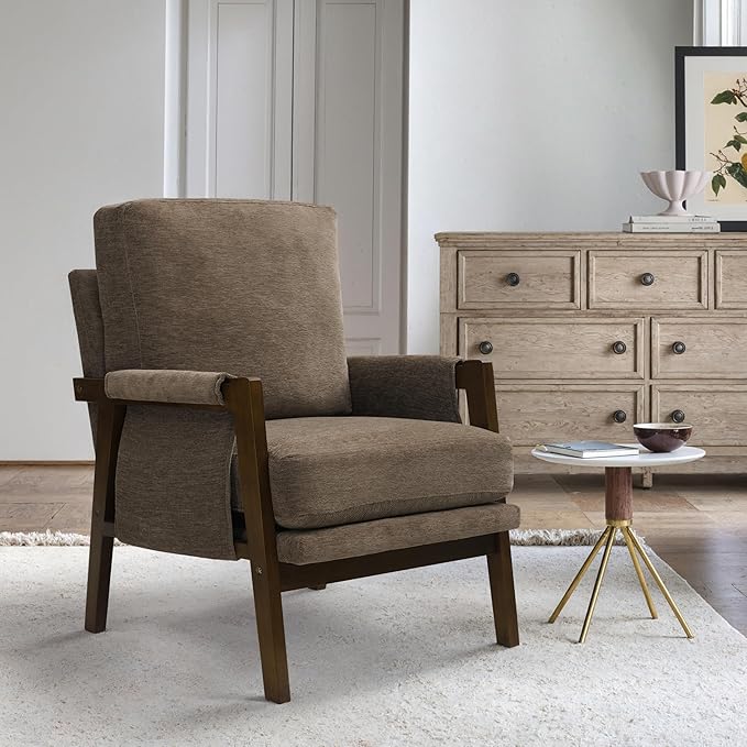 Dark Brown Accent Chair for Bedroom & Living Room, Mid Century Modern Accent Arm Chair, Upholstered Anthropologie Accent Chair with Solid Wood Frame, Fabric