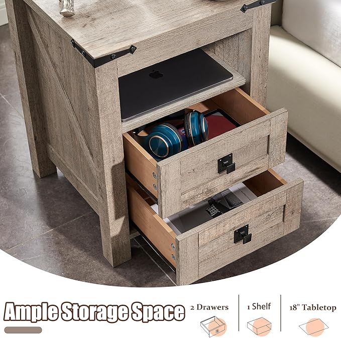 T4TREAM Farmhouse Nightstand Set of 2 with Charging Station, Rustic End Table with 2 Drawers, Storage Open Shelf for Bedroom, Living Room, Wood Side Table, Light Rustic Oak