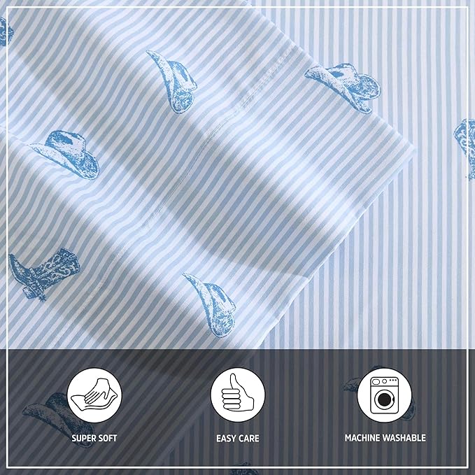 Wrangler - Full Bed Sheets, Ultra-Soft & Lightweight Bedding with Matching Pillowcases, Lightweight Bed Set for All Season Comfort, Oeko-Tex Certified (Cowboy Pinstripe Blue)