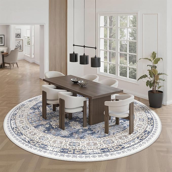 zesthome 9ft Round Rugs for Living Room, Non-Slip Washable Round Area Rugs, Ultra-Thin Large Circle Rugs, Soft Low Pile Rug for Bedroom, Kitchen - Vintage Stain Resistant Round Rug (Blue/Beige,9'x9')