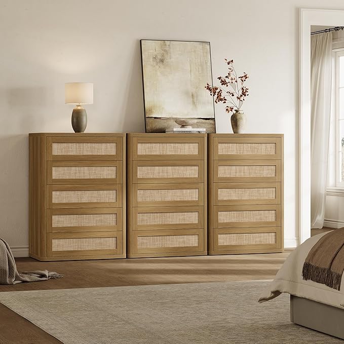 SICOTAS Tall Dresser for Bedroom - Rattan 5 Drawer Dressers Chest of Drawers with Push-to-Open Design, Modern Extra Deep Clothes Dresser with Large Storage for Closet, Living Room, Amber Oak, 3PCS