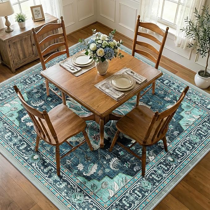 Area Rugs Square 7ft Washable Non-Slip, Floral Vintage Distress Print Pattern Medallion Carpet for Living Room Bedroom Dining Room, Teal Green Lake Blue Turquoise