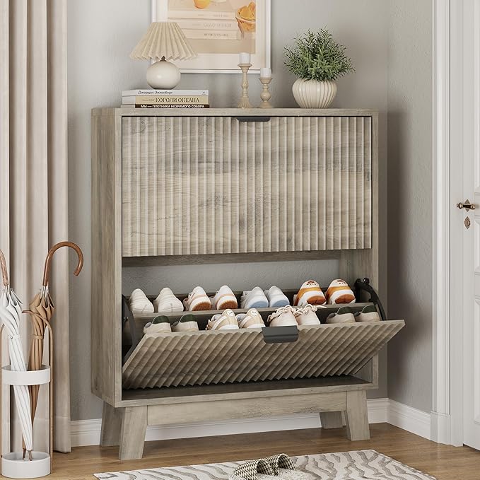 Shoe Cabinet with 2 Flip Drawers, 37" Tall Narrow Fluted Shoe Storage Organizer for Entryway, Hidden Slim Wooden Shoe Rack Cabinet for Front Door Entrance, Hallway, Living Room, Light Grey