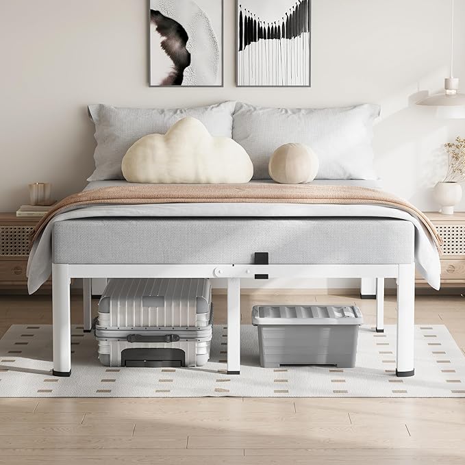 12 Inch White King Size Bed Frame, 3500Lbs Heavy Duty Metal Platform with Round Corner Legs Mattress Slide Stopper, Steel Slat Support No Box Spring Needed, Noise Free, Non-Slip, Easy Assembly