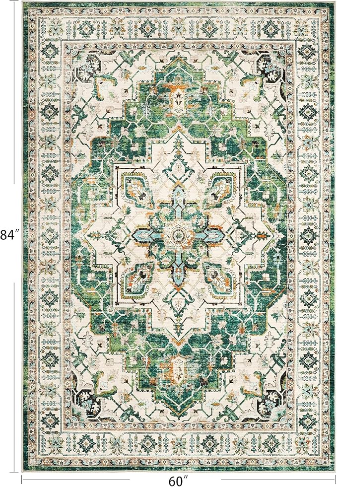 zesthome WashableRug 5x7 Area Rugs,Stain Resistant Rugs for Living Room,Bedroom,Non-Slip Backing Home Decor Rug, Vintage Medallion Pattern Rugs (Green,5'x7')
